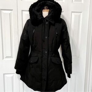 BCBGMaxAzria Black Hooded Jacket with Hood and Removable Fur size large.